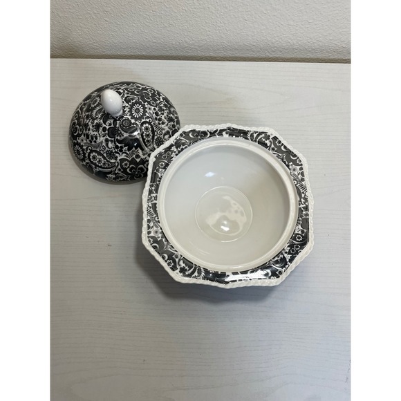 Vintage Black White Floral Black Calico Covered Dish Bowl Trinket Dish - Picture 2 of 8